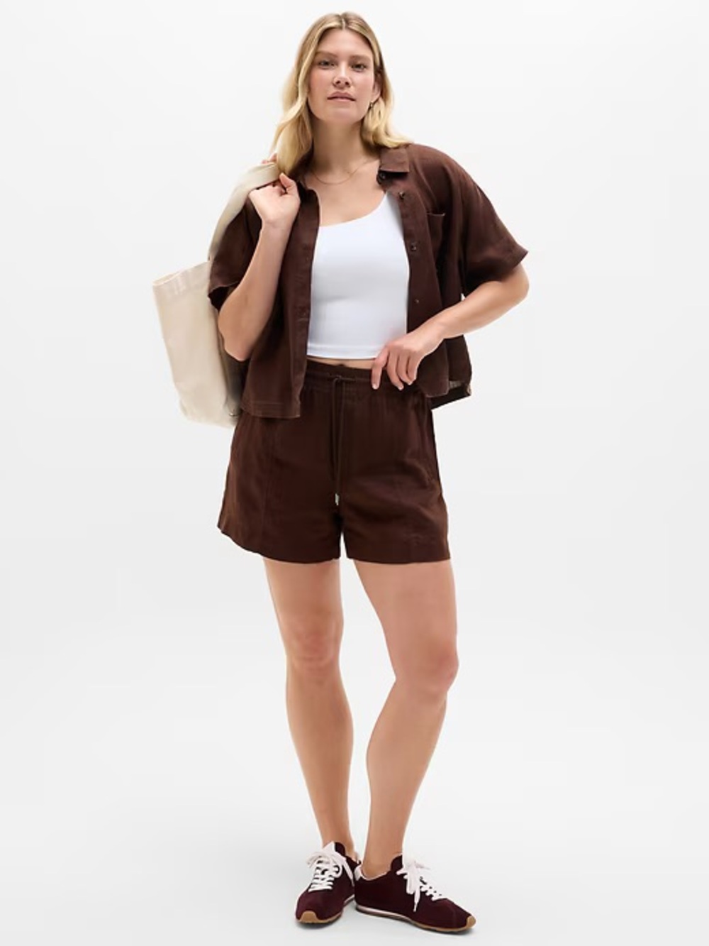 Athleta Retreat Linen Short Sleeve Shirt Boxy Fit Woodland Brown 100% Linen XS - Picture 7 of 7